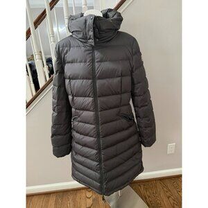 Moncler Flammette Water Repellent Long Hooded Down Coat Grey Size 5